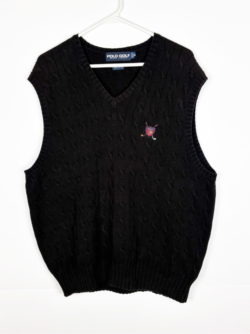 Polo Golf Ralph Lauren Mens XL Crest Cable Knit Sweater Vest Brown Cotton